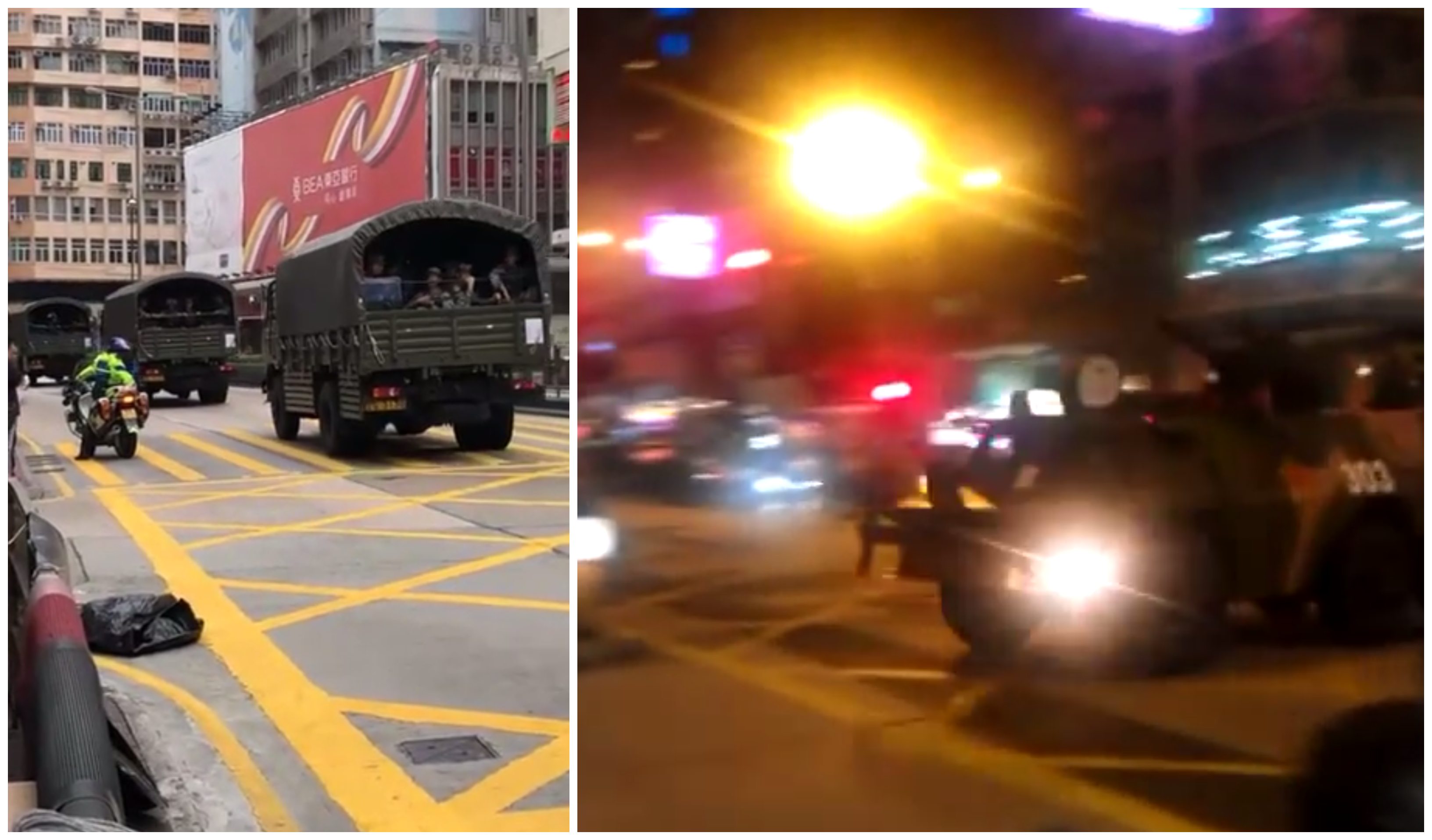 Stills from videos shot in 2012 (right) and 2018 (left) that have been falsely said in recent weeks to show an invasion of Hong Kong by PLA forces in response to the city’s protest movement. Screengrabs via YouTube.