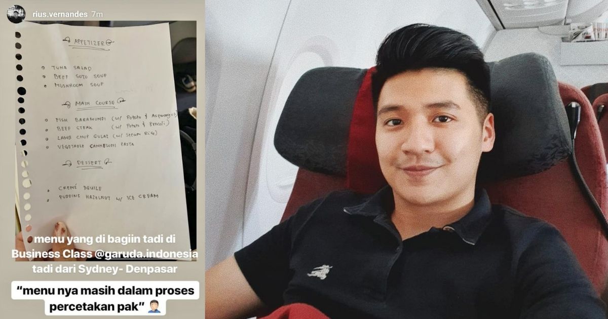 Popular Indonesian travel vlogger Rius Vernandes may be facing legal trouble for posting a viral photo of a handwritten menu from flag carrier Garuda Indonesia’s business class, with Rius claiming to have been summoned by the police after somebody reported the photo as defamation against Garuda. Photo: Instagram/@rius.vernandes
