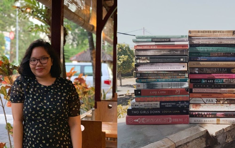 Left: Sekar Wulandari Yogaster, owner of There But for the Books, posing for a photo for Coconuts Bali. Photo: Coconuts Media. Right: A pile of books that were put up for sale on TBFTB’s Instagram recently. Photo: There But For the Books