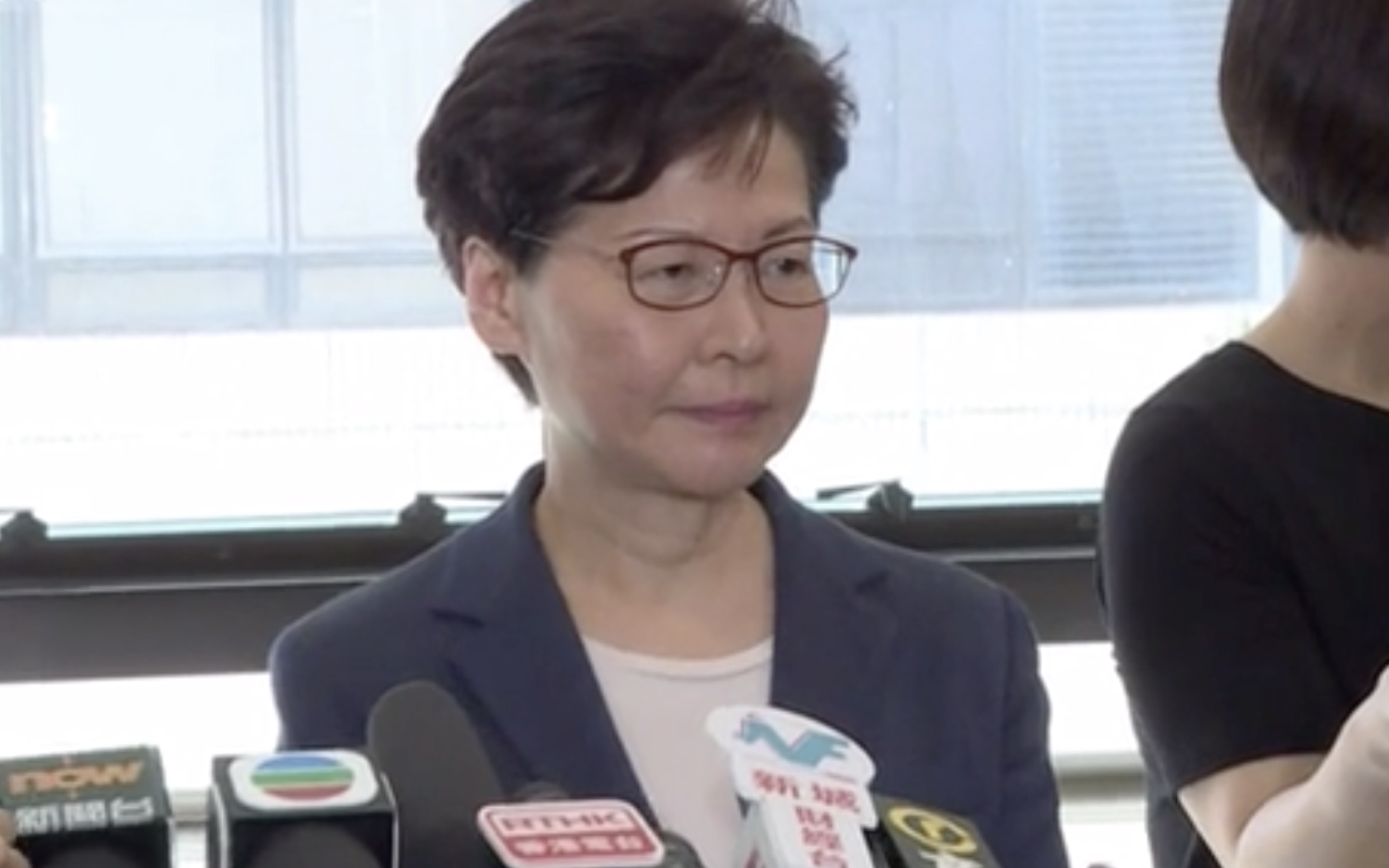 Carrie Lam addresses reporters the day after violent clashes broke out inside a Sha Tin mall on Sunday. Screengrab via Facebook video/i-Cable.