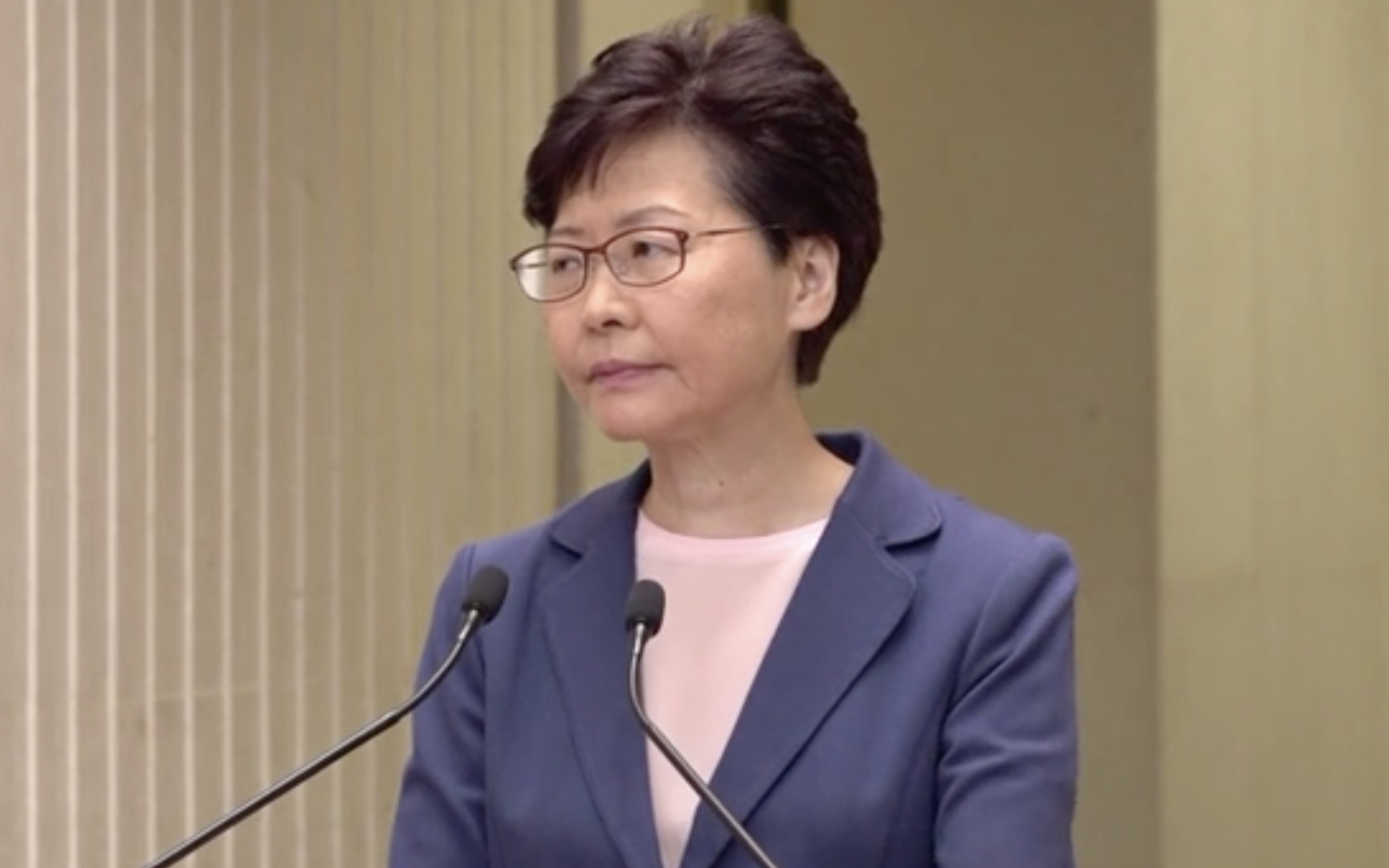 Chief Executive Carrie Lam speaks to the press at the government offices in Hong Kong last week. Screengrab via Apple Daily video.