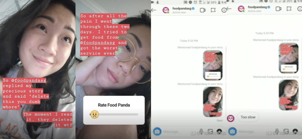 Screenshots of Instagram stories and direct messages regarding foodpanda by Jenny Liang Leran