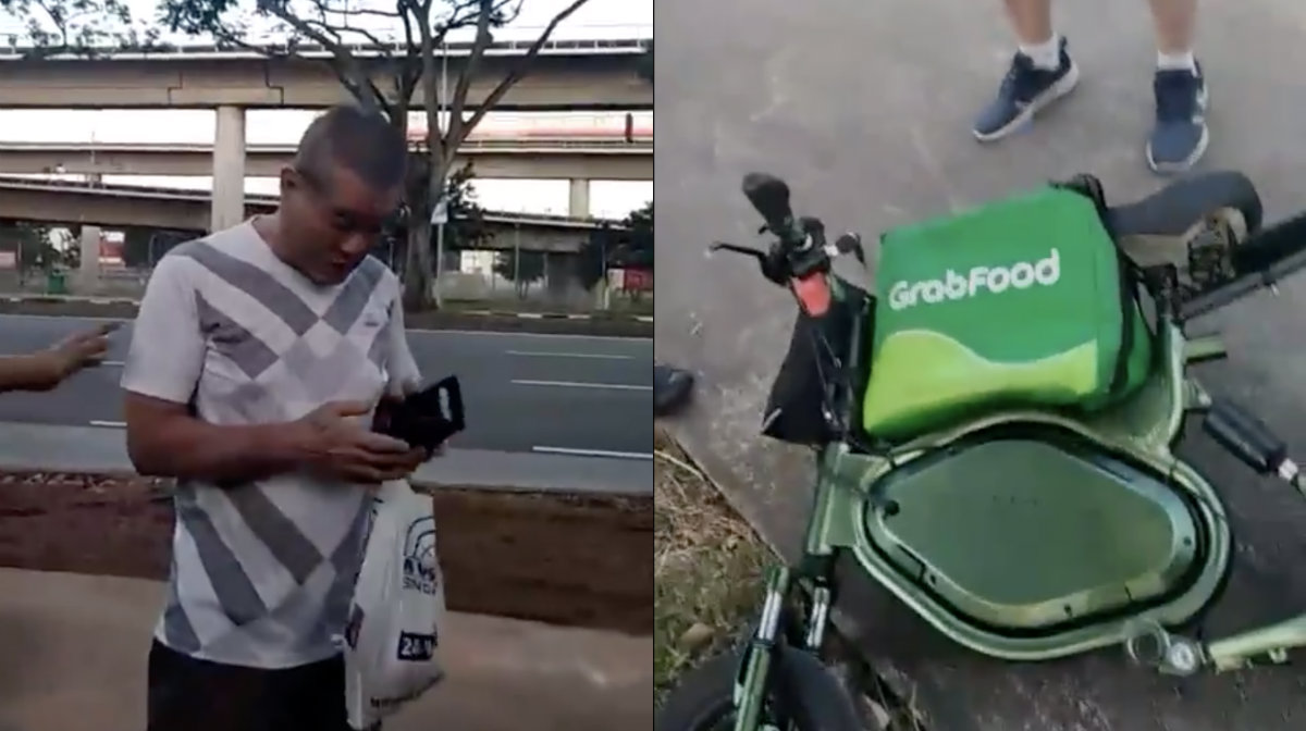 Scenes from a viral video showing a heated argument between a man and a GrabFood delivery man. (Photo: Facebook/Mohamed Shamirrudan)