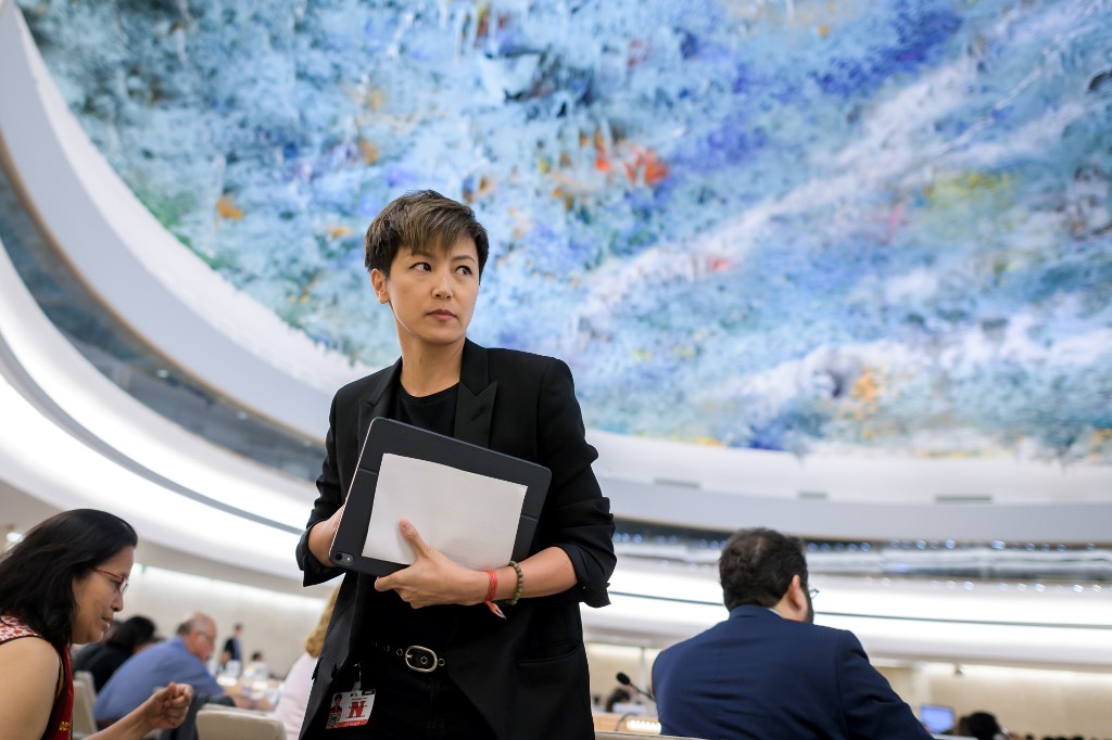 Pro-democracy Hong Kong singer Denise Ho attends a meeting of the United Nations Human Rights Council in Geneva on July 8, 2019. Photo via AFP.