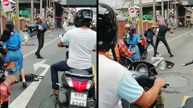 A motorcyclist and a taxi driver gets into a fight in the middle of  a busy Bangkok road. Image: Vin Diesel/ Facebook
