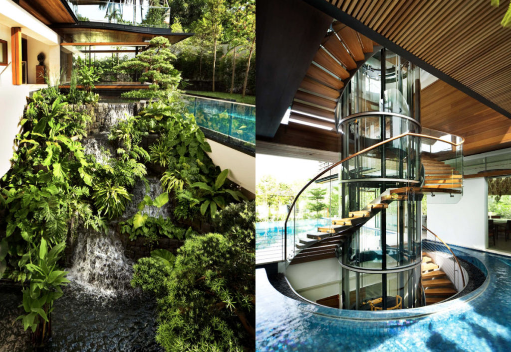 Views of the waterfall feature and spiral staircase. (Photos: Guz Architects)
