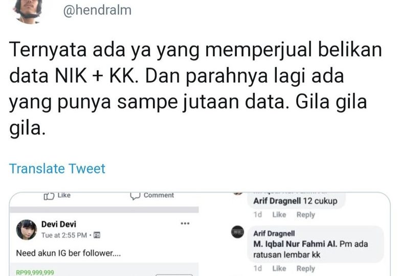An Indonesian Twitter user claiming that millions of Indonesians’ private data had been stolen in a huge identity theft scam. Photo: Twitter screengrab