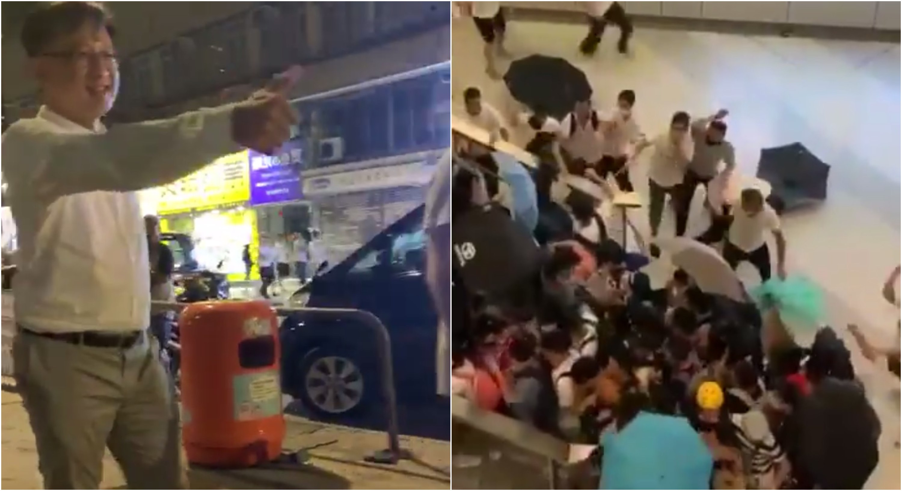 Pro-Beijing lawmaker Junius Ho (left) gives a thumbs-up to men suspected of taking part in mob violence at the Yuen Long MTR station last night (right). Screengrabs via Facebook.