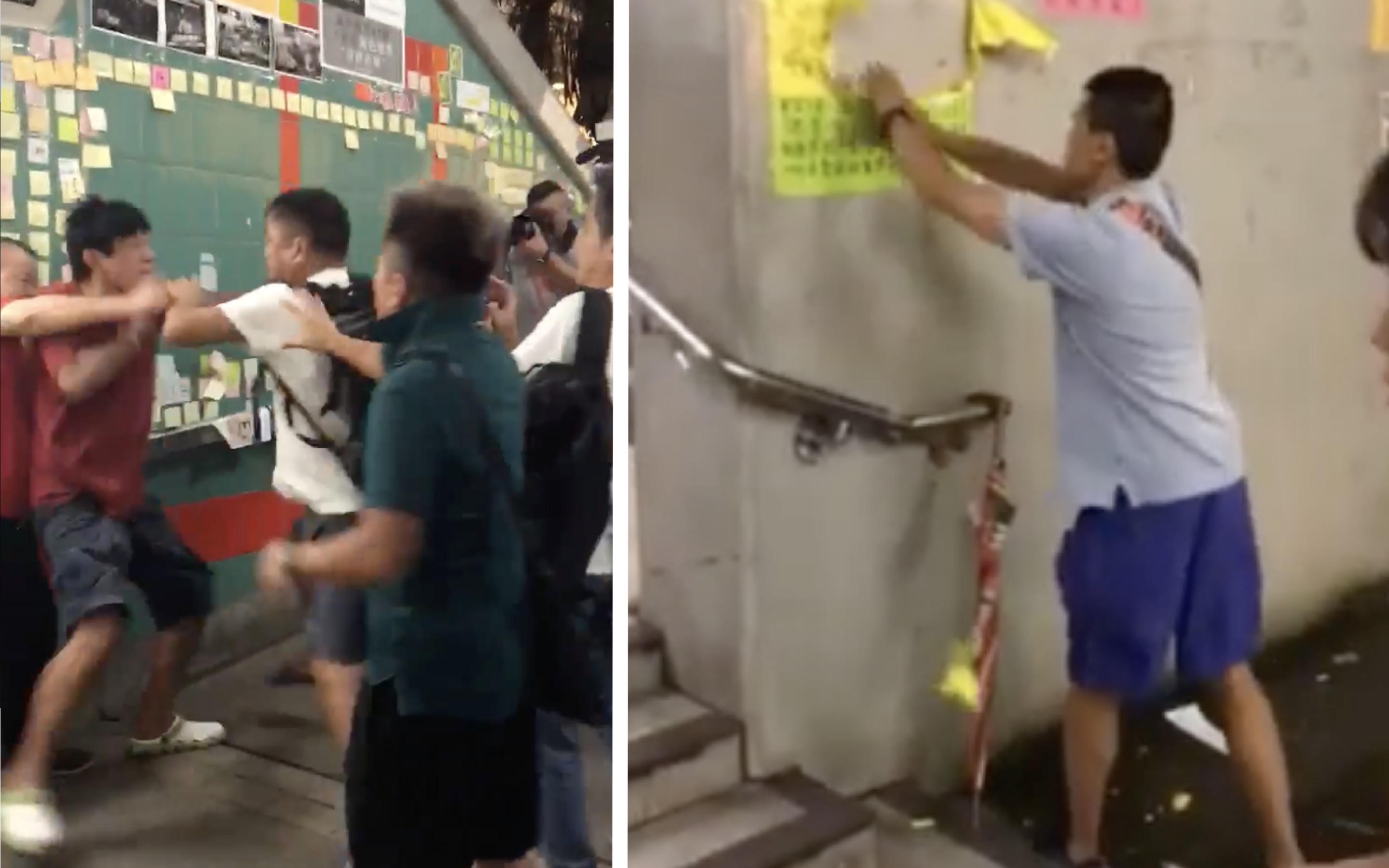 Scuffles break out at Lennon Walls in Tai Po (left) and Cheung Sha Wan (right) after people were seen trying to remove some of the Post-It notes bearing messages of support for anti-government protesters. Screengrabs via Facebook and YouTube.