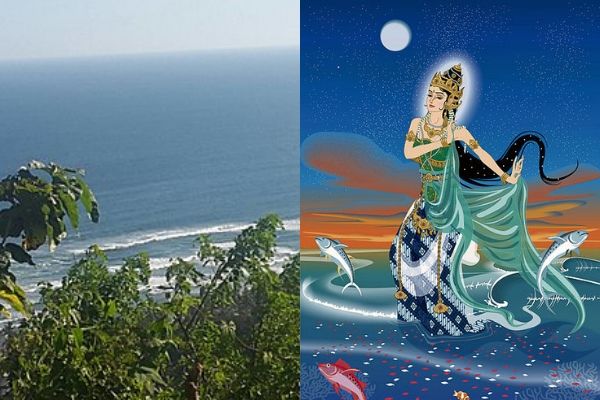 Left: Parangtritis beach. Photo: Jones Averino/Wikimedia Commons. Right: An artist’s illustration of Nyi Roro Kidul. Photo: Gunawan Kartapranata/Wikimedia Commons