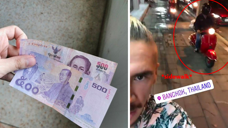 A Twitter user shows off his THB1,000 reward (left) Motorbike racer Scott Redding bewildered by motorcyclists who unapologetically ride on the sidewalks (right) Images:  PraChaya_note/ Twitter and Instagram/ reddingpower
