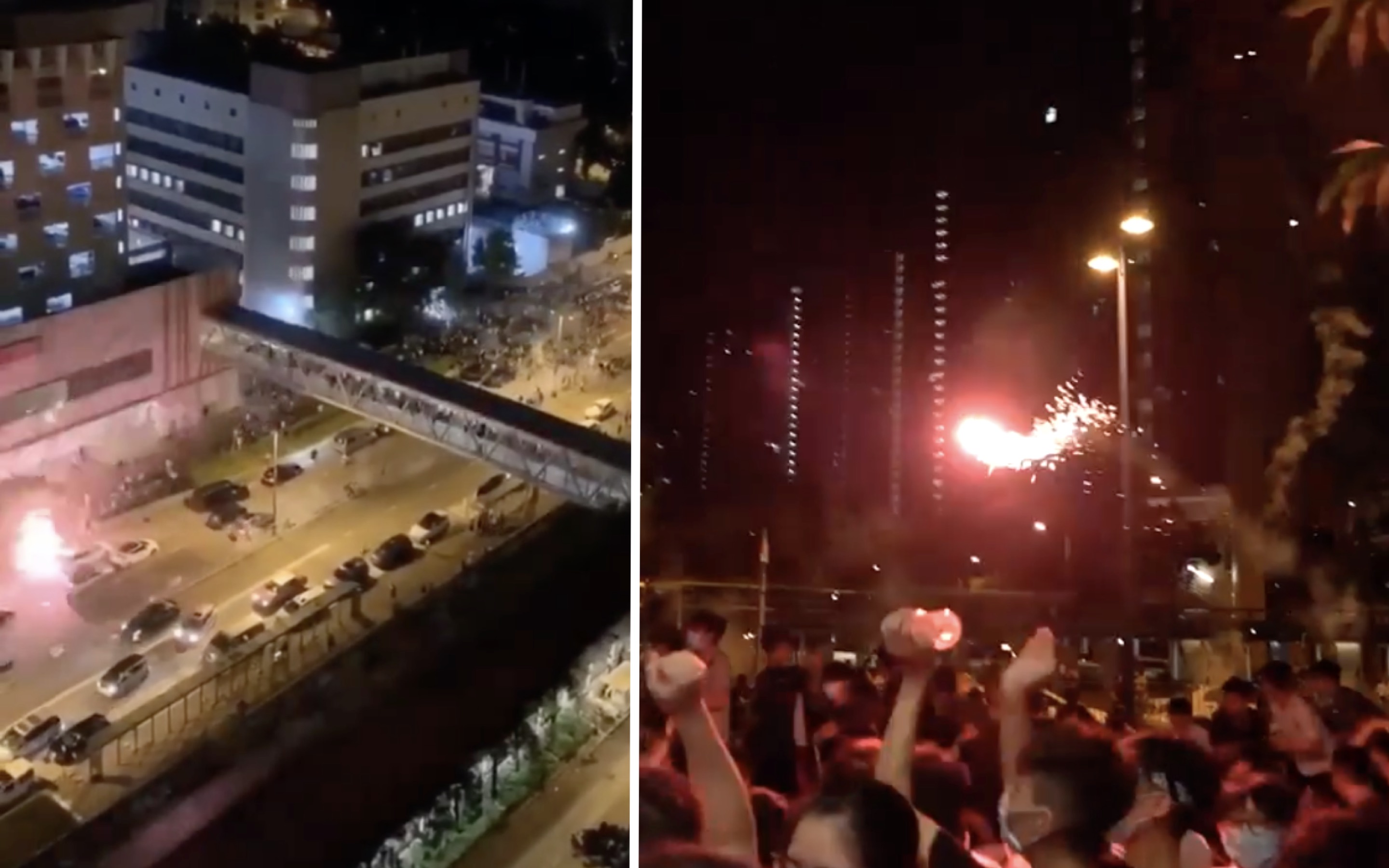 Video stills show a car shooting fireworks at protesters gathered outside the Tin Shui Wai police station on July 30. Screengrabs via Facebook video.