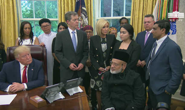US President Donald Trump listens as Rohingya activist Mohib Ullah asks if there is a plan to help the more than 700,000 Rohingya Muslims living in Bangladesh-based refugee camps return to their homes on Thursday, July 18. Screengrab via White House YouTube account