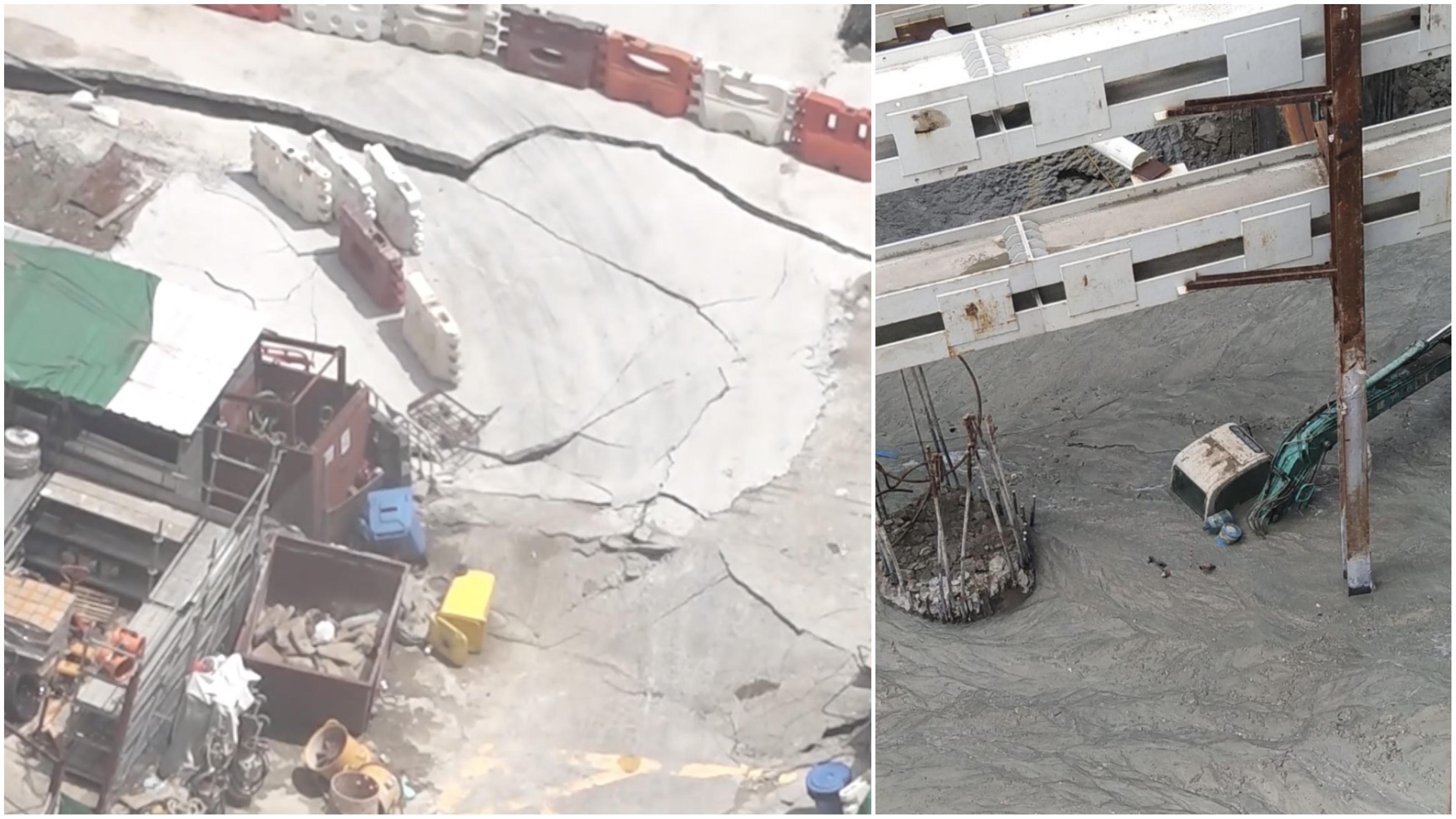 Images from the West Kowloon Cultural District construction site show huge cracks in the pavement (left) and what appears to be a backhoe submerged in wet cement (right). Photos via LIHKG/RTHK video.