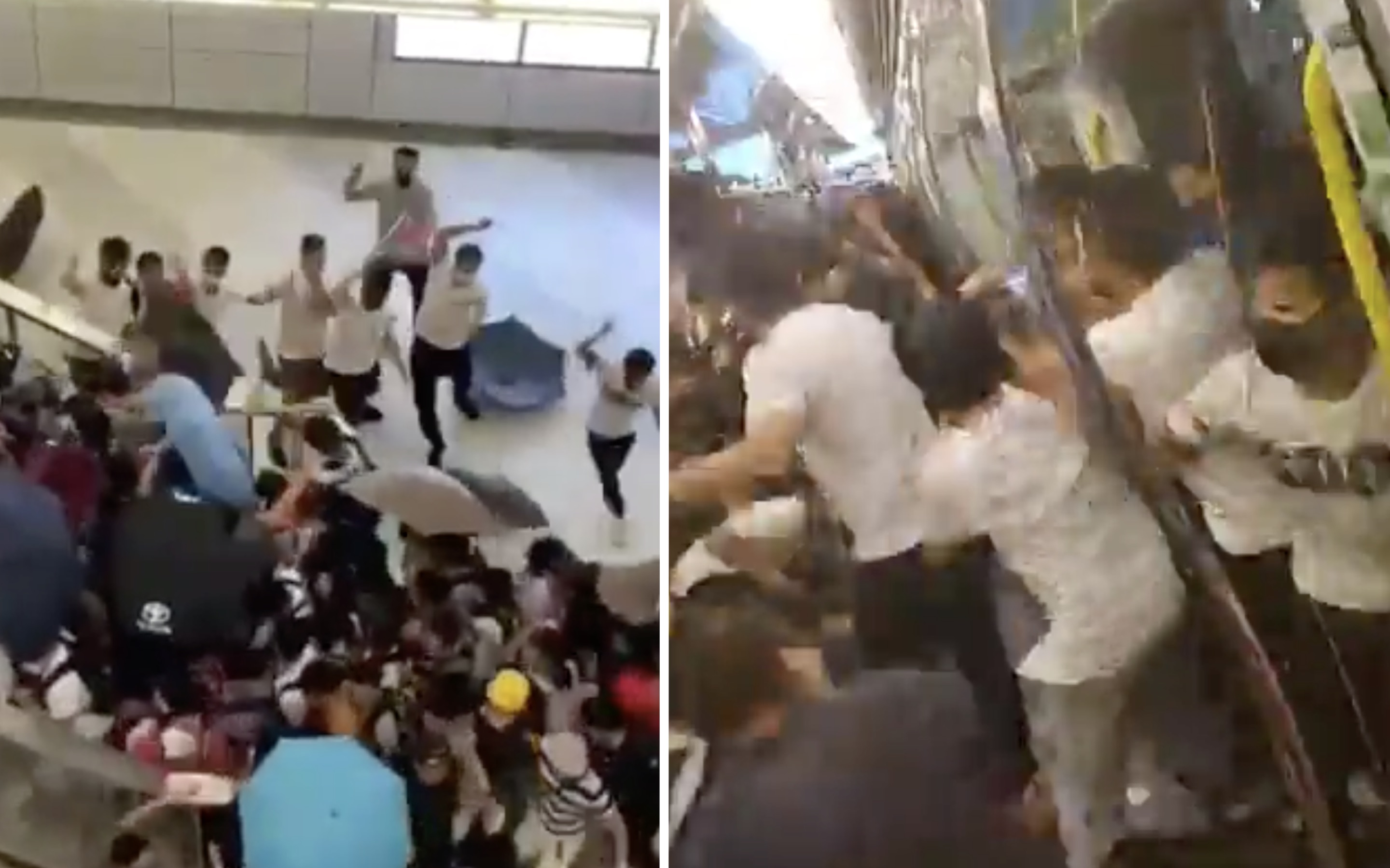 Men in white shirts can be seen indiscriminately beating protesters and passengers shielding themselves from attack in Yuen Long MTR station (left), and attacking others who were driven from the platform into a stationary train (right) on July 21. Screengrabs via Twitter/Facebook.
