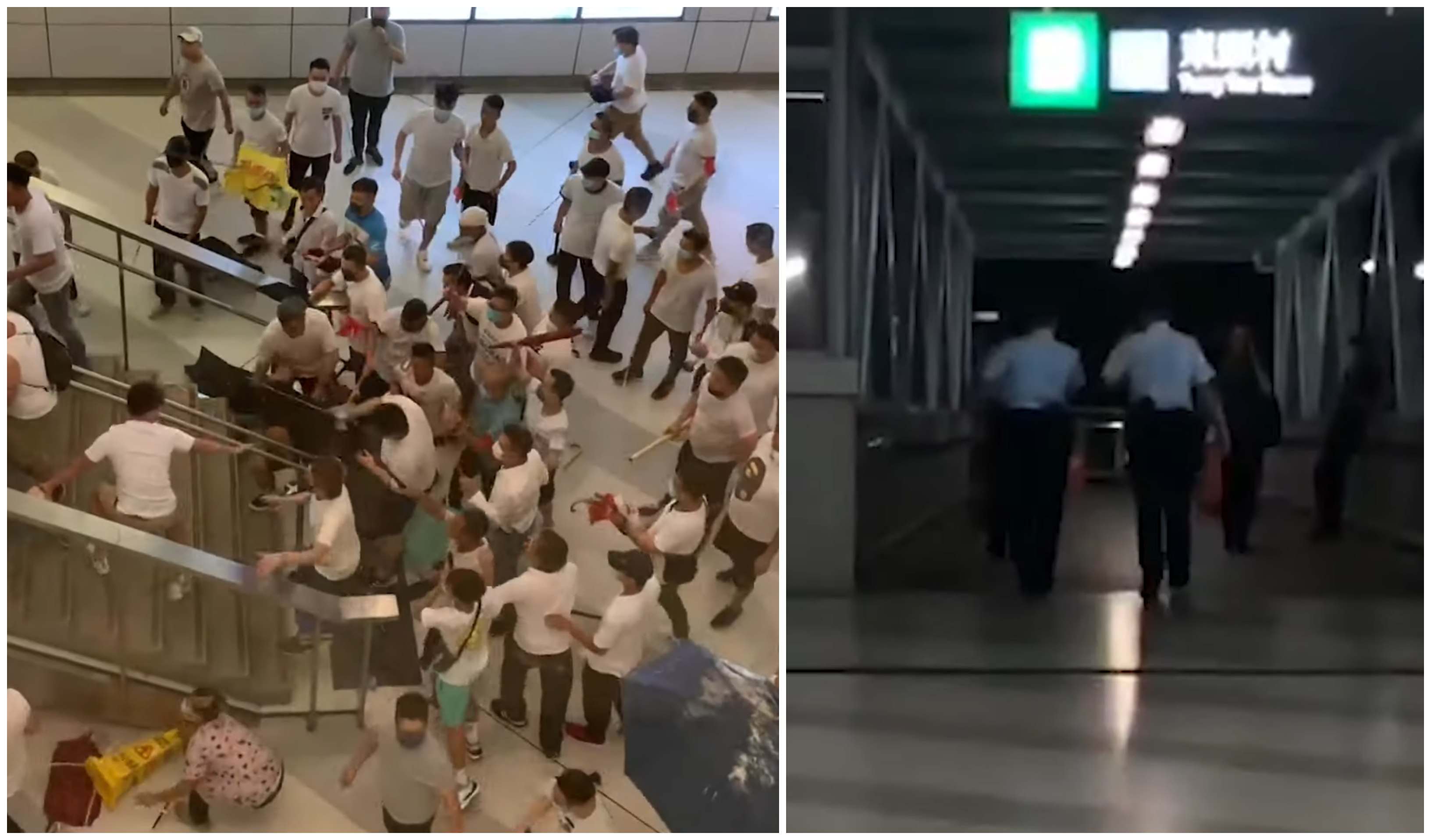 Pro-Beijing thugs attack protesters and commuters at the Yuen Long MTR station on July 21 (left), just moments after police left the station as the mob formed (right). Screengrabs via YouTube.