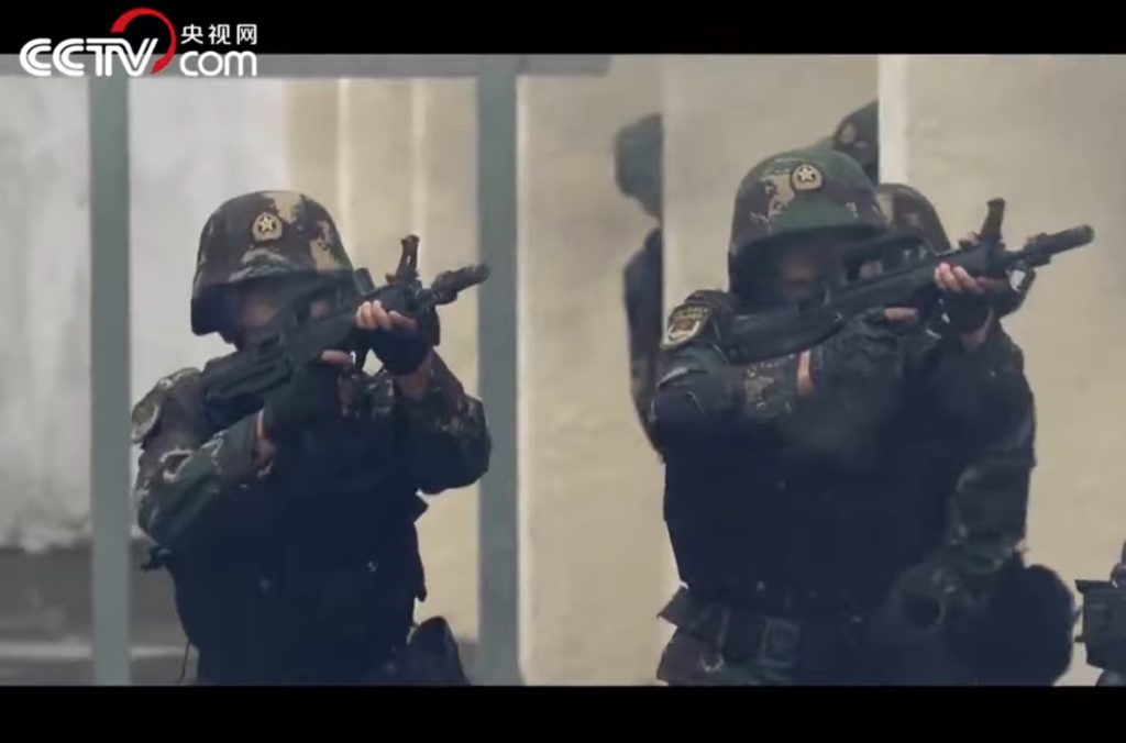 A still from a recent PLA video showcasing the Hong Kong garrison's capabilities, including riot control. Screengrab via YouTube.