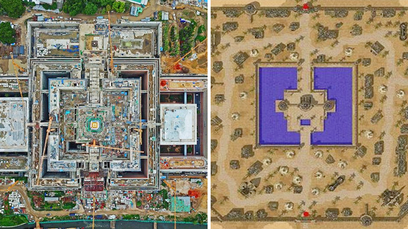 Satellite imagery of the new parliament building taken in July, at left, is shown side-by-side with a town in online game Ragnarok, at right, in an image posted by Facebook user Boonchai Tienwang.