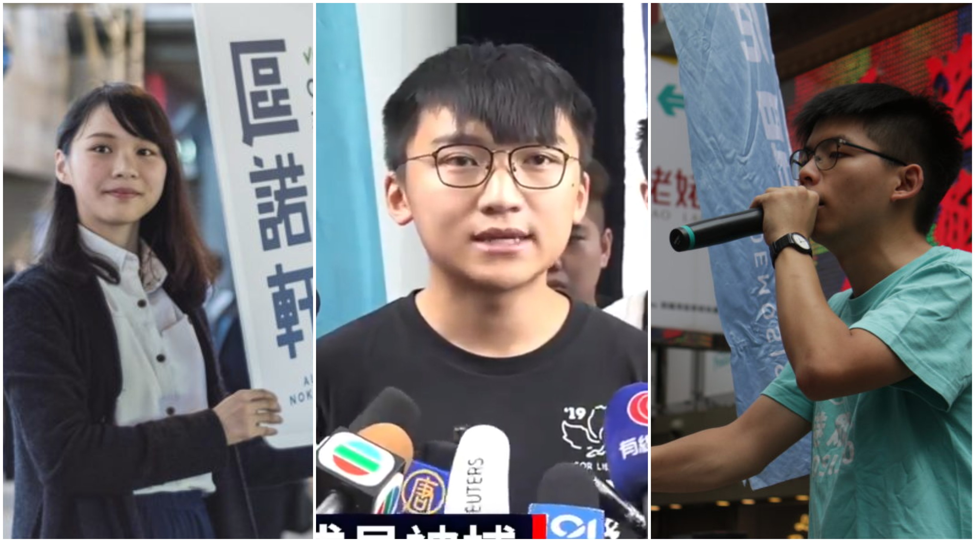 Demosisto party member Isaac Cheng speaks to the press today (center) about the arrests of fellow members Joshua Wong (right) and Agnes Chow (left). Photos via Facebook/Vicky Wong.