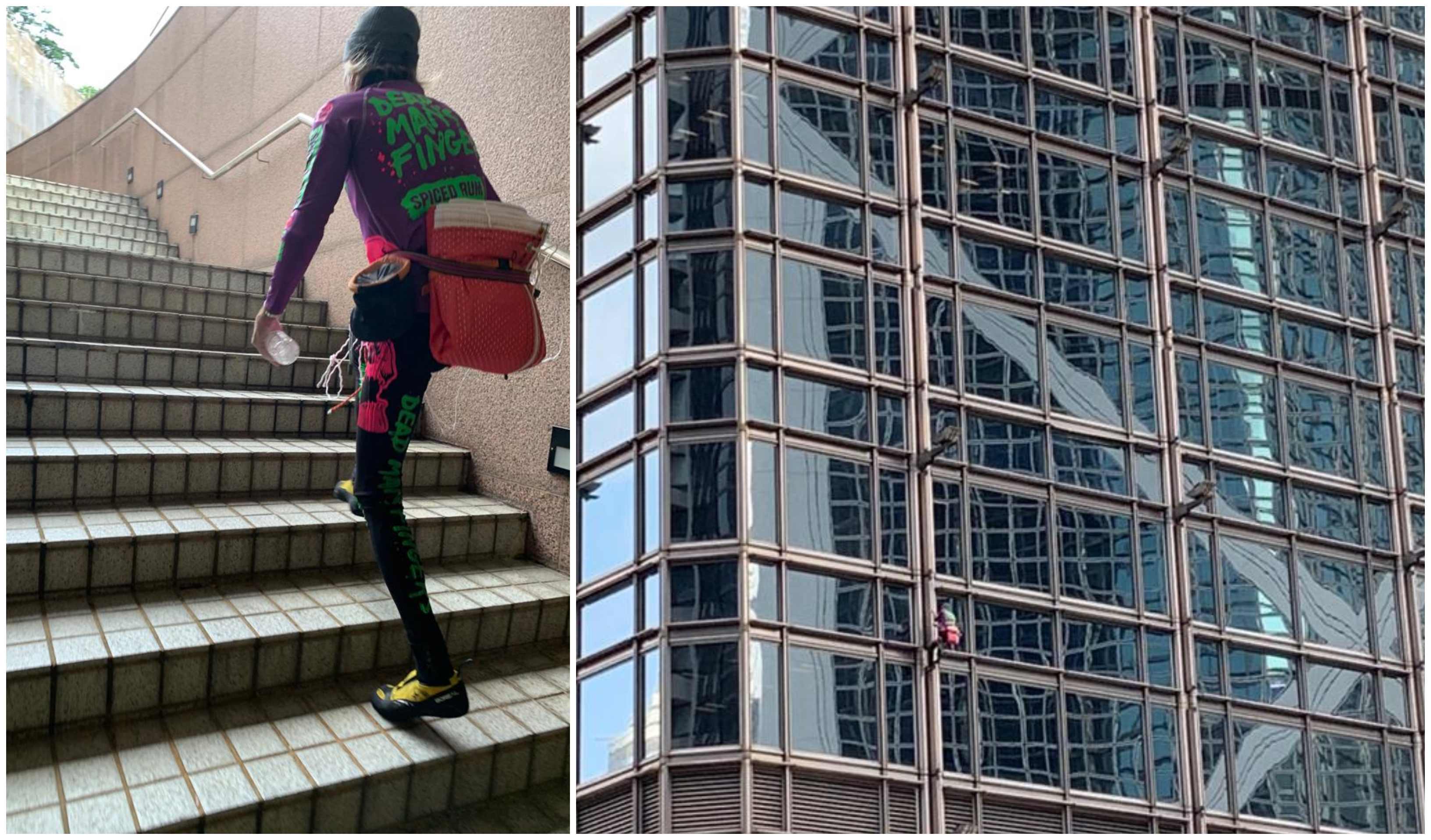 Alain Robert, decked out in gear bearing the name of a rum brand (left), scaled the Cheung Kong Center this morning (right). Photos Supplied.