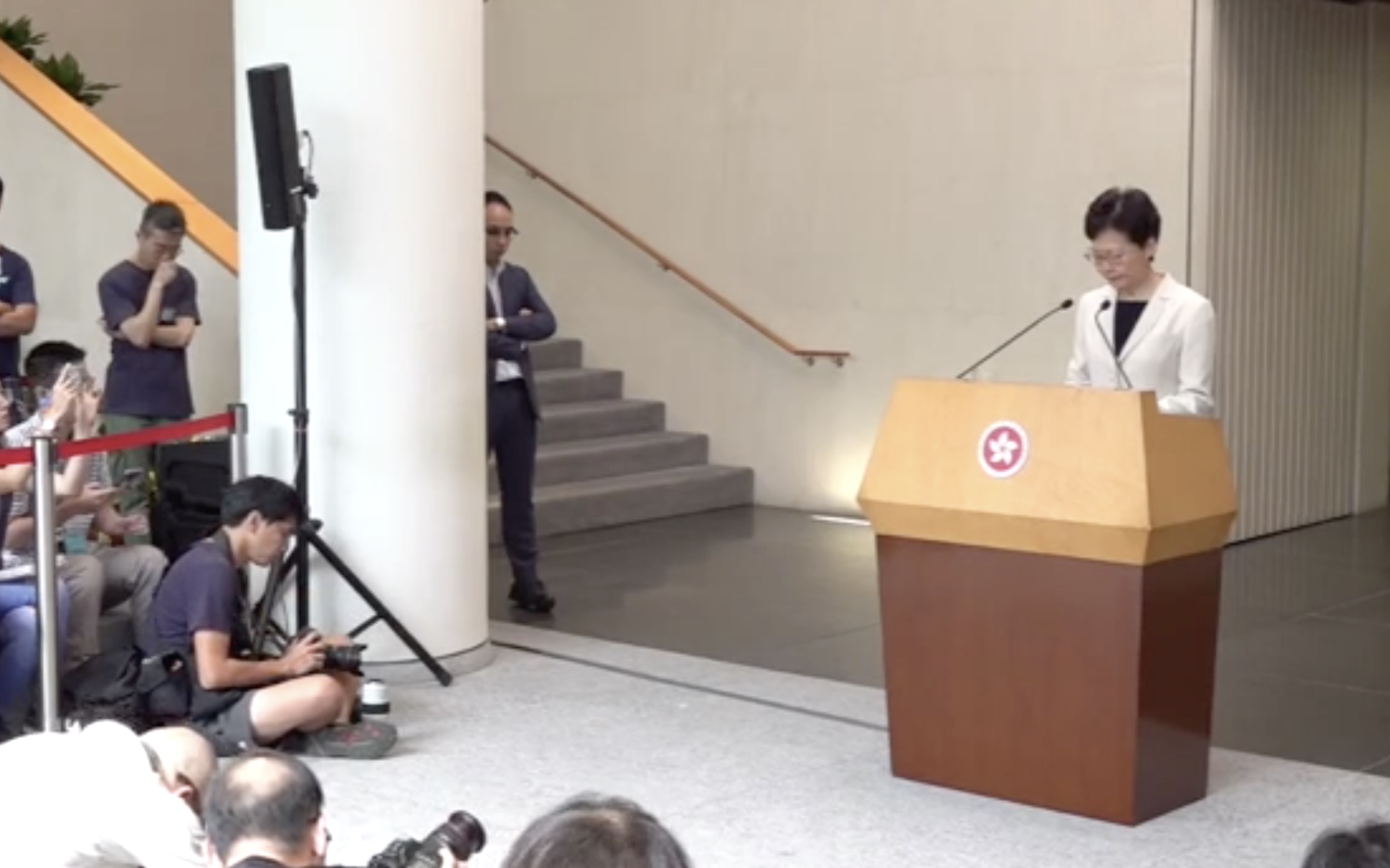 Chief Executive Carrie Lam speaks to the press on Aug. 27. Screengrab via Facebook.