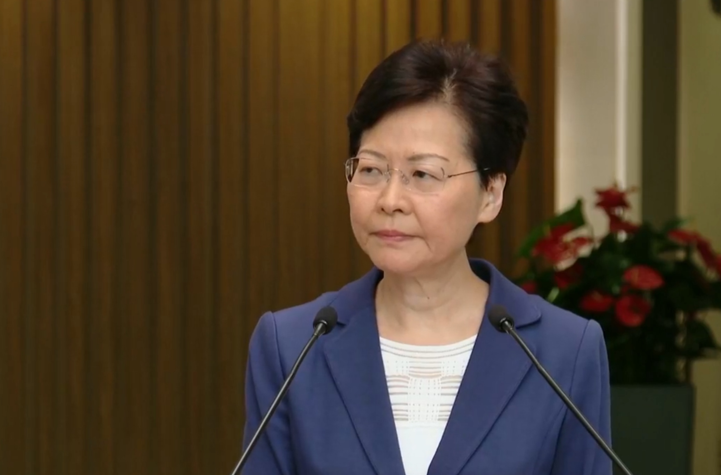 Hong Kong Chief Executive Carrie Lam speaks to the press on Tuesday morning. Screengrab via RTHK livestream.
