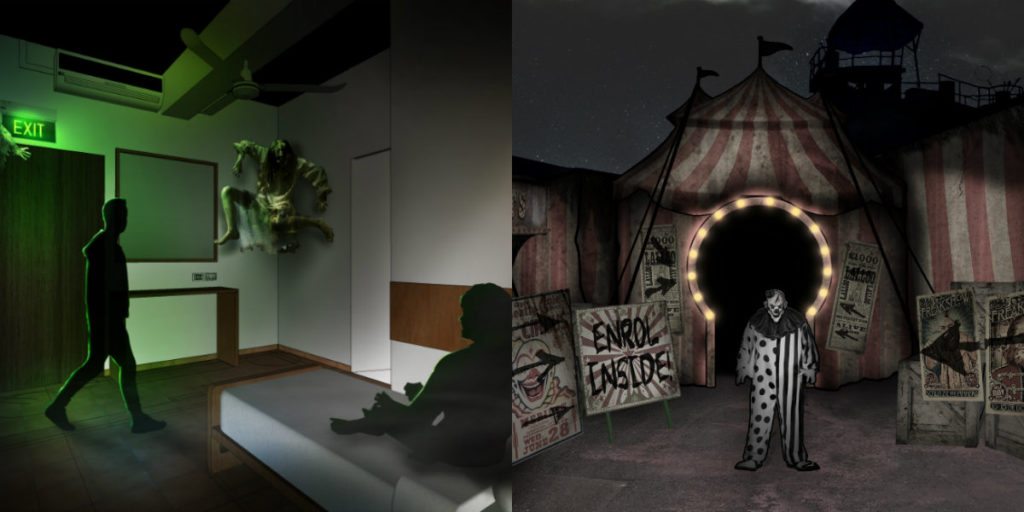 Artist impressions of The Chalet Haunting and Twisted Clown University haunted houses. (Photos: RWS)