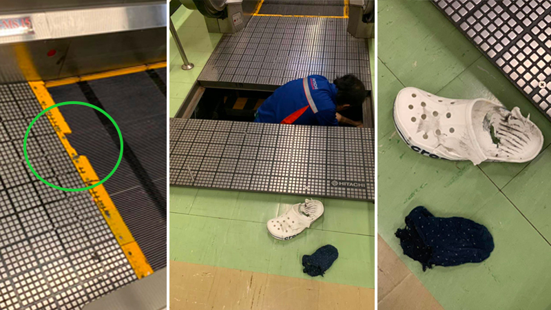 Quick Thinking: Images show what caused a man’s sandal to get shredded by a damaged moving walkway at Bangkok’s Don Mueang Airport. Photo: Jump Dhanapat / Facebook
