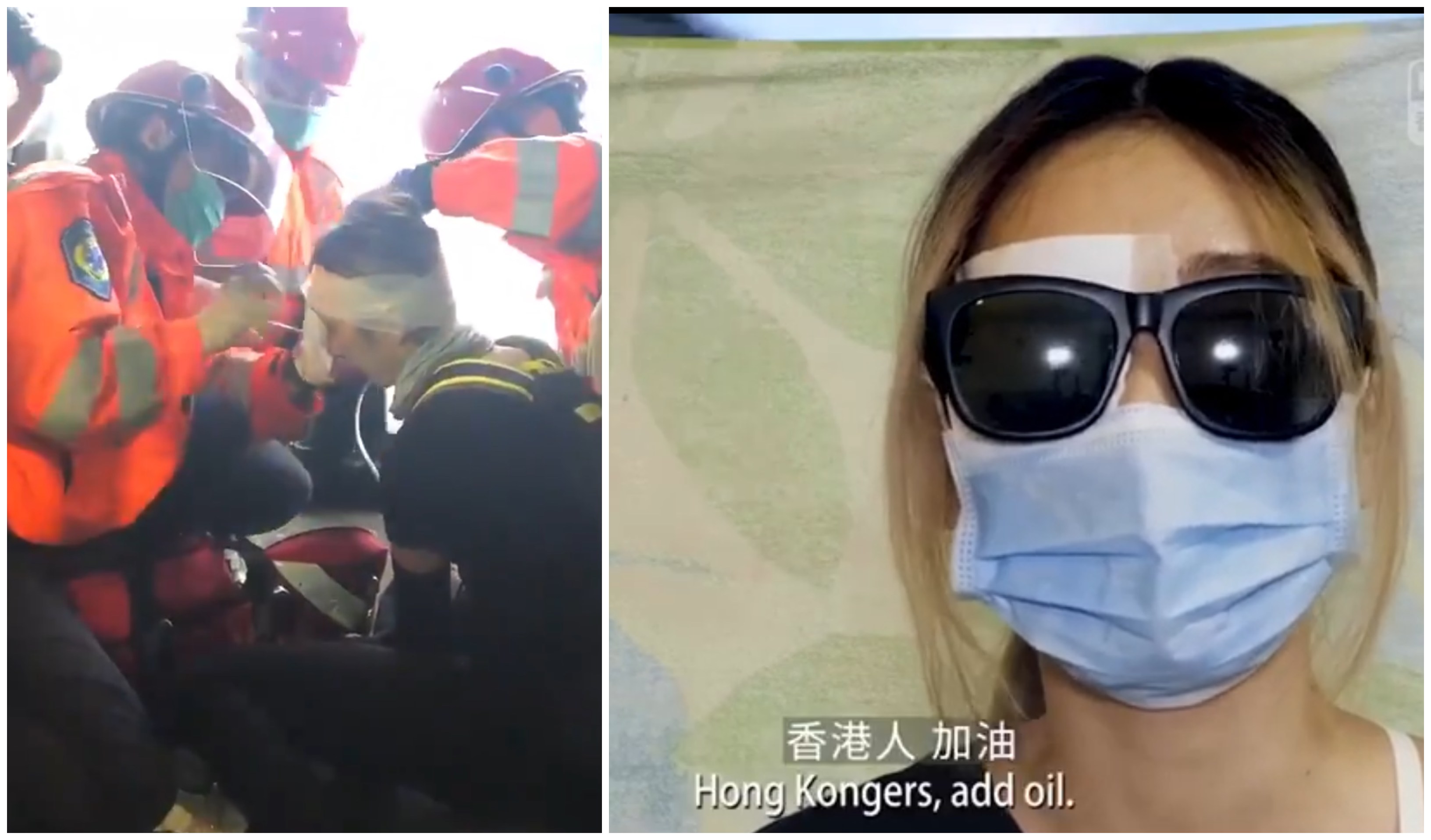 A woman identifying herself as the protester shot in the eye with a suspected bean bag round at a protest earlier this month (left) issued a video statement today slamming the government (right). Screengrabs via Facebook.
