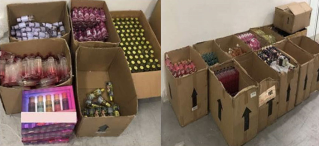 Photos of counterfeit perfumes taken by Singapore Police Force. 