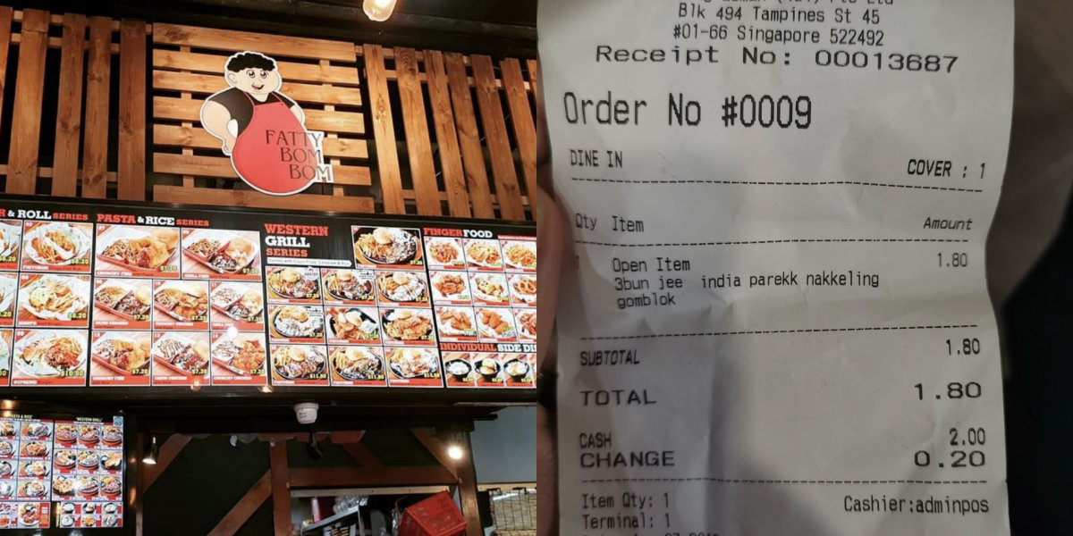 Fatty Bom Bom Sizzle’s food stall front (left) and the receipt with racist remark (left). (Photos: Fatty Bom Bom Sizzle/Sabira Ariffin/fb)