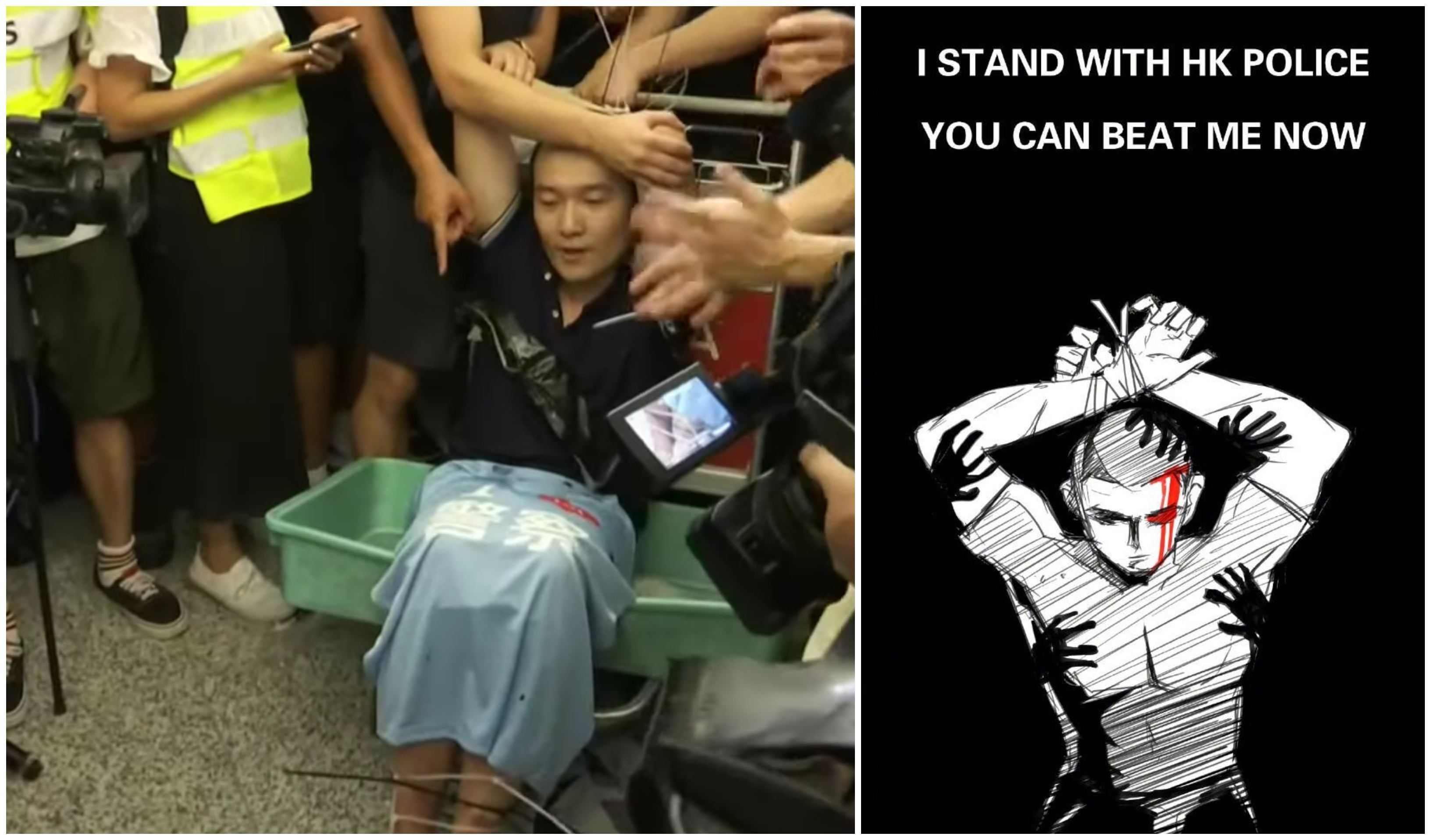 Global Times staffer Fu Guohao, who was detained by protesters at Hong Kong International Airport on Tuesday night (left), has since been lionized in memes by mainland social media users (right). Screengrabs via YouTube/Twitter.