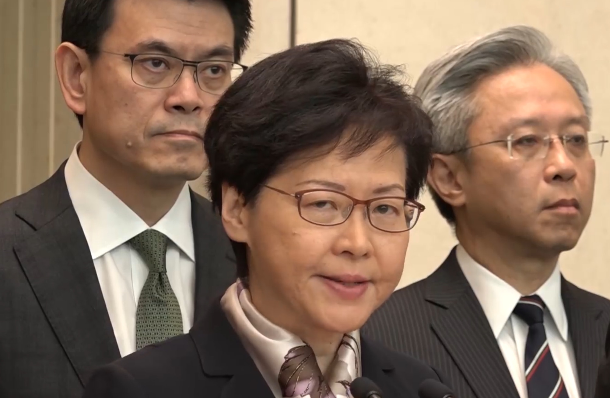 Hong Kong Chief Executive Carrie Lam speaks to the press on Monday about the city’s ongoing unrest. Screengrab via RTHK livestream.