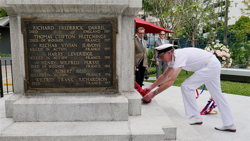 Sea Lord Tony Radakin lays a wreath at the new location of the British War Memorial in Bangkok. Photo: UK 
Foreign & Commonwealth Office