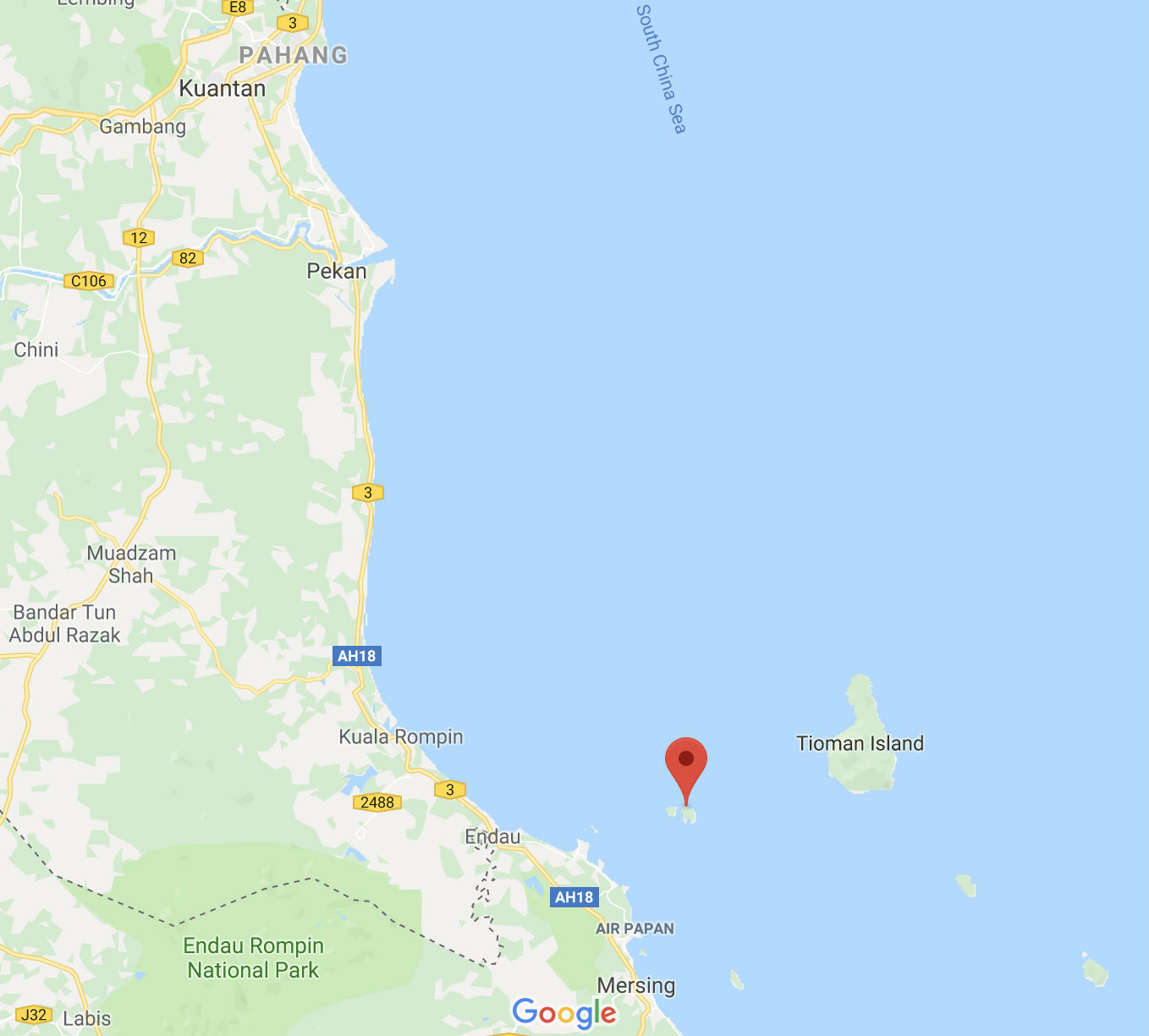 Google Map screenshot showing the location of Endau Islands. 