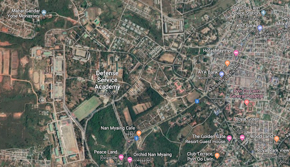 Satellite imagery shows the location of the Myanmar Defense Academy in Pyin Oo Lwin, a tourist town near Mandalay. Source: Google Maps