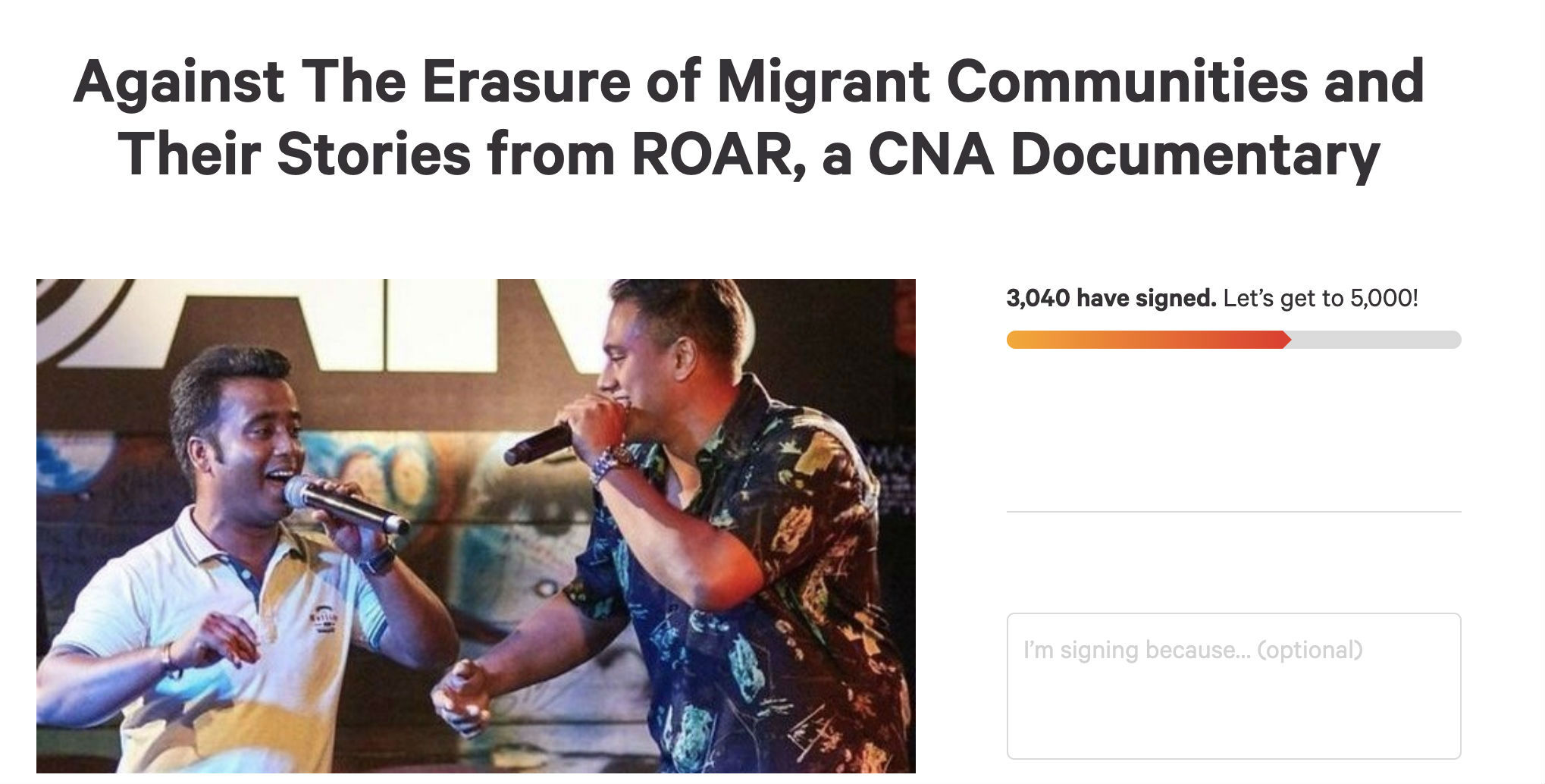 Screenshot of an online petition to stop Channel NewsAsia from removing Subhas Nair from ROAR documentary. 