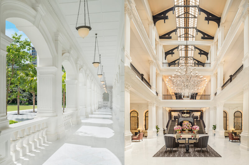 The colonnade walkway and the Grand Lobby. Photos: Raffles Hotel Singapore
