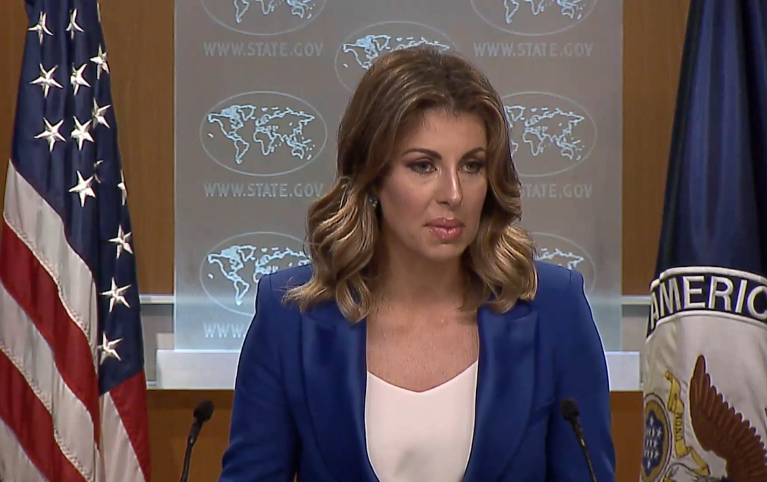 State Department spokeswoman Morgan Ortagus speaks to the press during a briefing in Washington yesterday. Screegrab via US State Dept video.