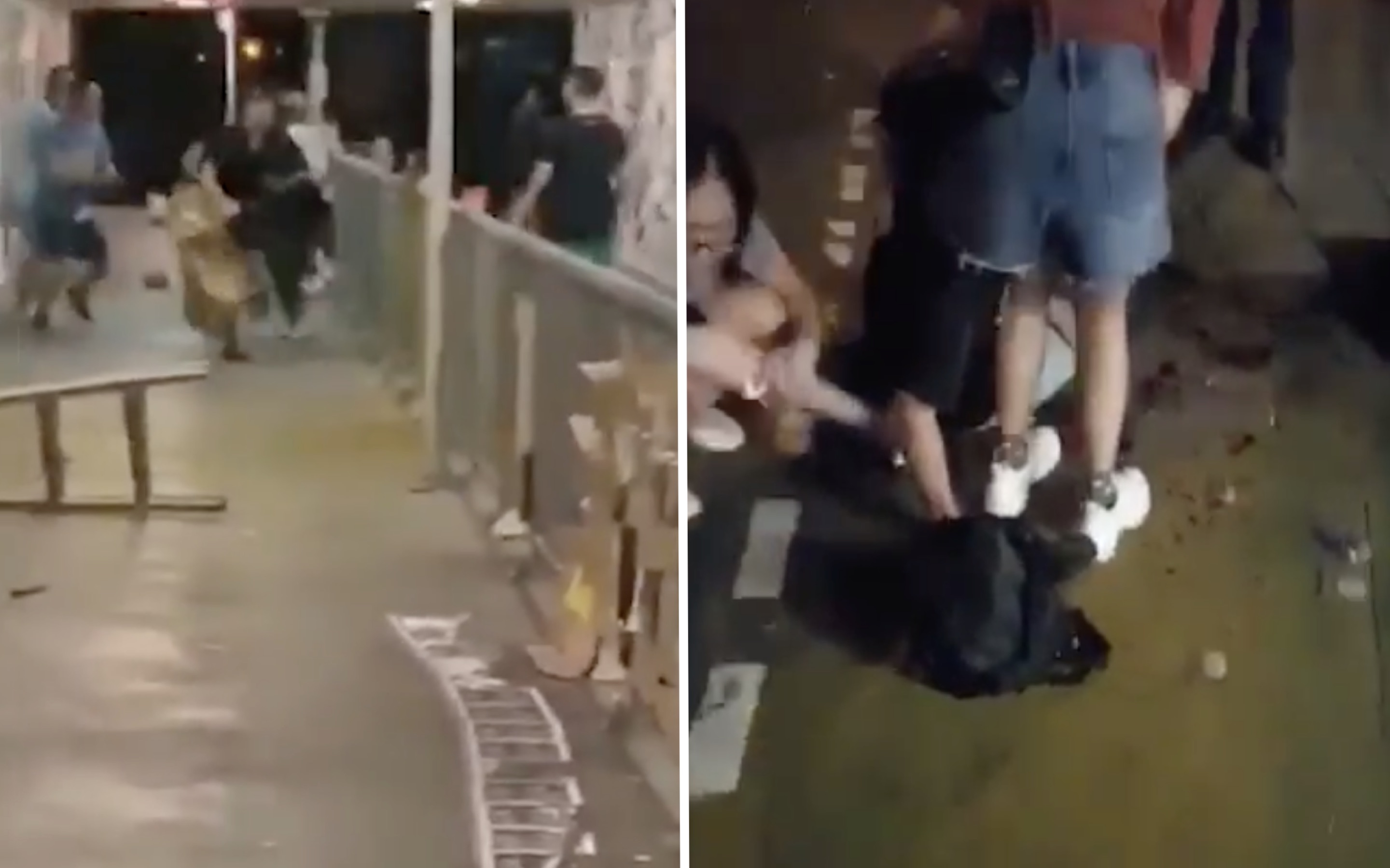 (Left) Video posted online shows the moment a woman flees after being attacked by a man in a blue shirt and wielding a knife. (Right) One of the injured is sitting on the sidewalk after being injured. Screengrabs via Facebook video and Twitter video.