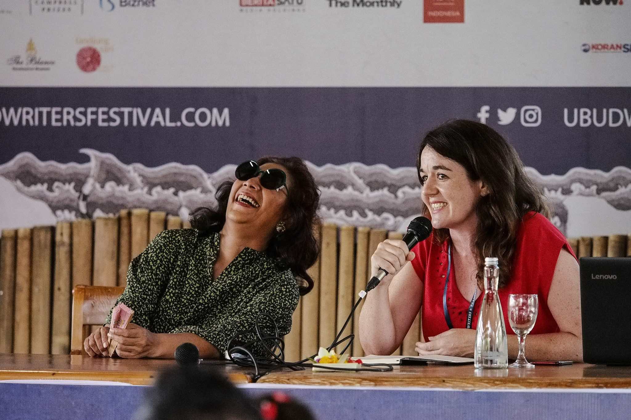 Maritime Affairs and Fisheries Minister Susi Pudjiastuti was a speaker at the 2018 Ubud Writers and Readers Festival. Here, she is photographed with BBC Journalist Rebecca Henschke. Photo: UWRF 