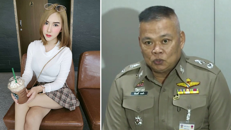 Photo: At left, the victim. Thitim “Bell” Noraphanpiphat / Instagram. At right, Samrit Tongtao during today’s presser. Screenshot: Channel 7 News / Facebook