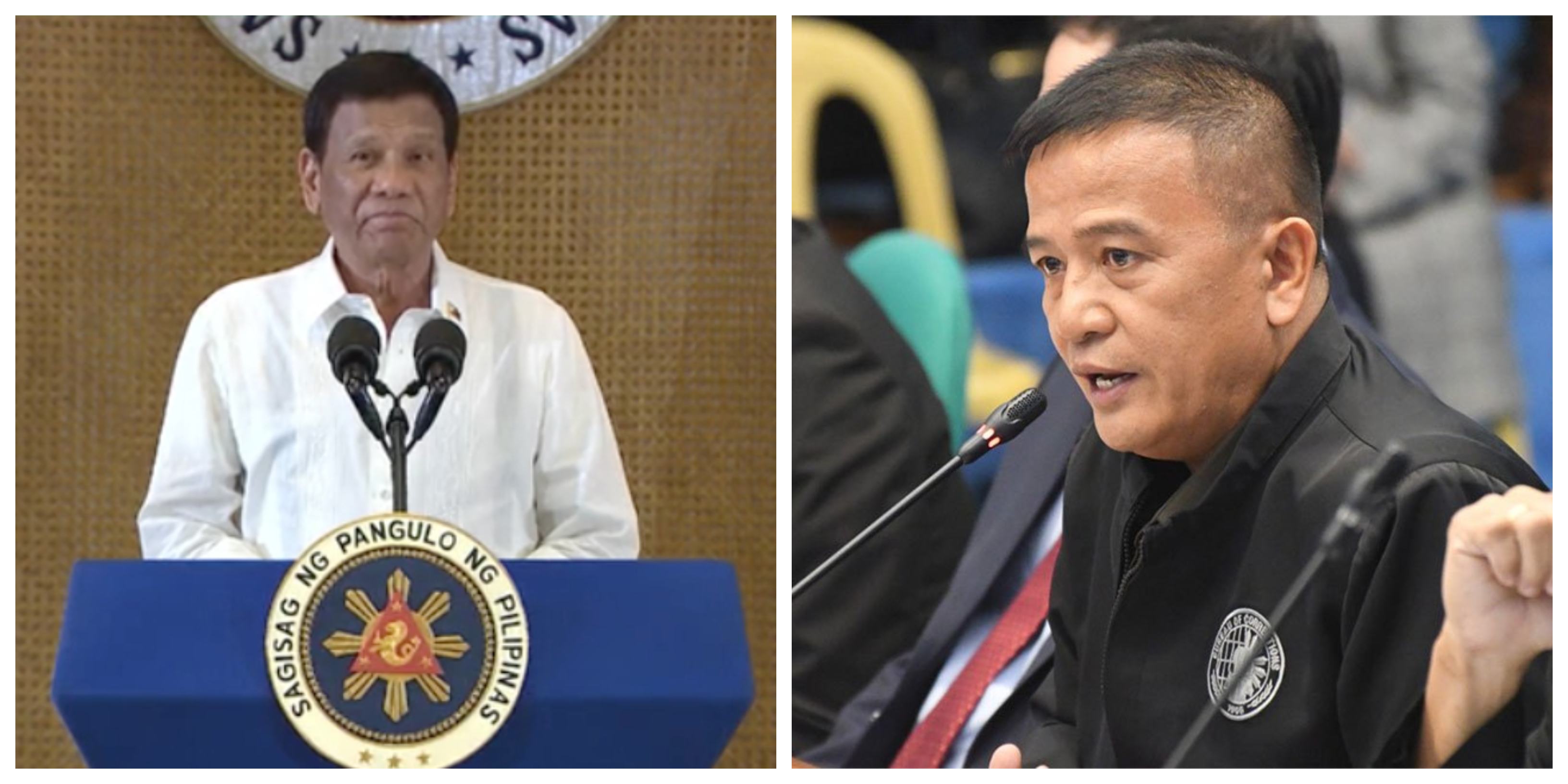 President Rodrigo Duterte and Nicanor Faeldon. <i></noscript>Photo: Screenshot from Radio Television Malacañang video/Mark Demayo of ABS-CBN News</i>