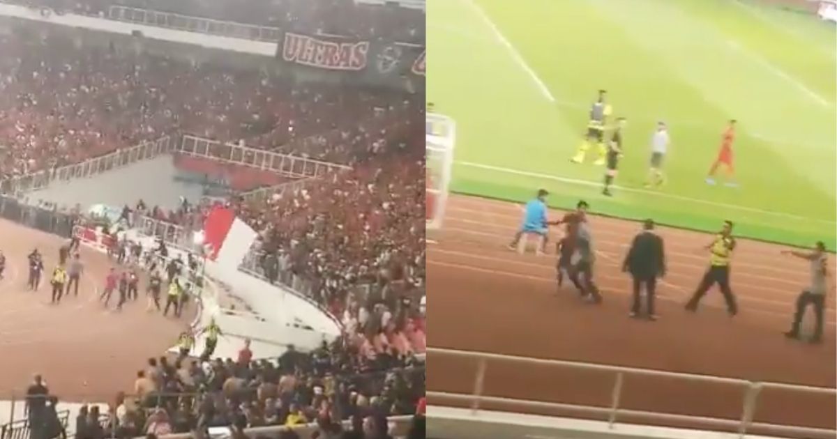 After losing 3-2 to Malaysia in a World Cup 2022 Qualifier match in Jakarta in September, a number of Indonesian supporters attempted to attack at least 400 Malaysian supporters in attendance, among them the country’s Youth and Sports Minister, Syed Saddiq. Screenshot from Twitter/@TirtoID