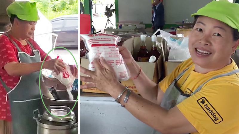 A food vendor in Thailand’s northeast went viral after a video of her pouring, pouring, pouring MSG into a giant mortar emerged on social media. Image: Tong Teerapat Songserm / Facebook and Screenshot: Sanook
