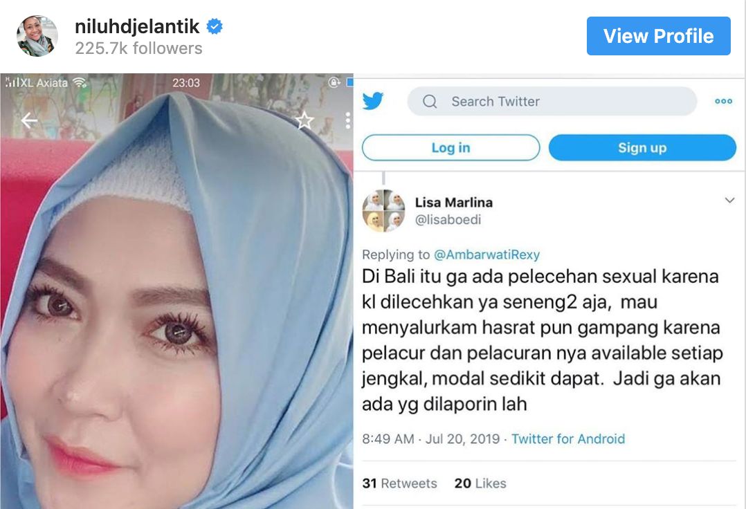 Balinese designer Niluh Djelantik took issue with Lisa Marlina’s tweet and posted it on her Instagram account. Screenshot: Niluh Djelantik / Instagram 