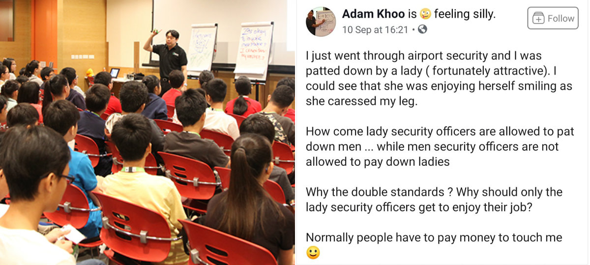 Adam Khoo conducting a workshop (left); Screenshot of Facebook post from his page.