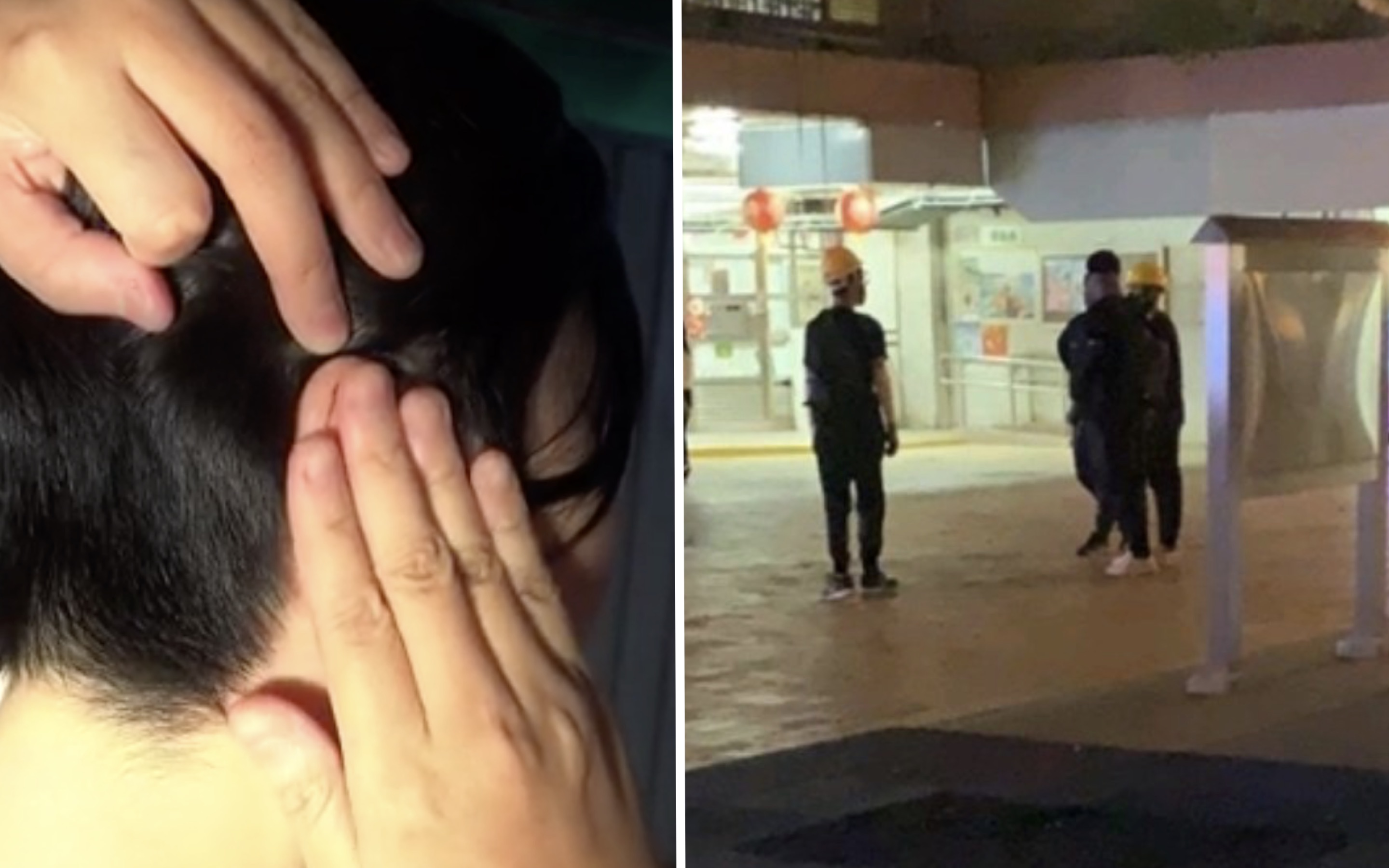 (Left) the female Apple Daily reporter shows the camera where she was hit, (right) a photo sent to the newspaper by a reader of four men in protest gear seen acting suspiciously in the area where the reporter was attacked. Screengrab via Apple Daily video.