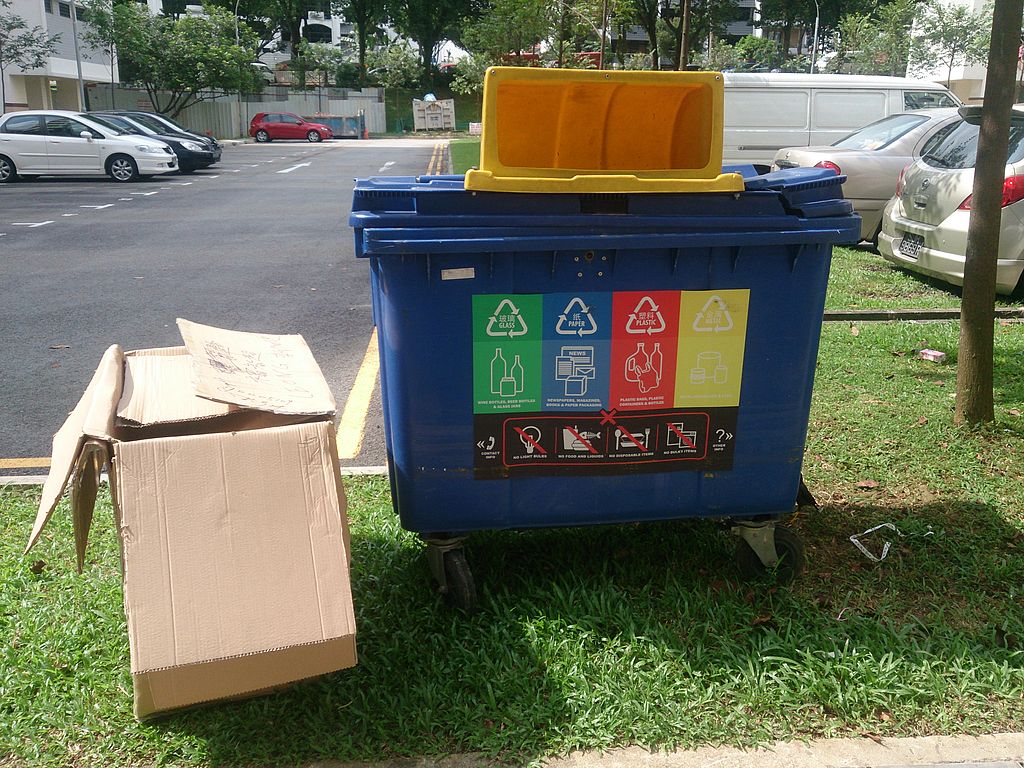 A recycling bin in Singapore with pieces of litter around it. (Photo: ProjectManhattan/Wikimedia Commons)