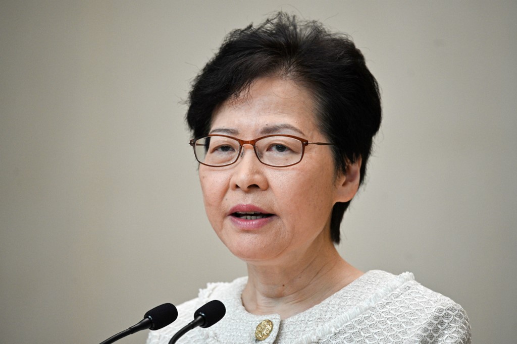 Hong Kong Chief Executive Carrie Lam speaks during a press conference in Hong Kong on September 10, 2019. Photo via AFP.